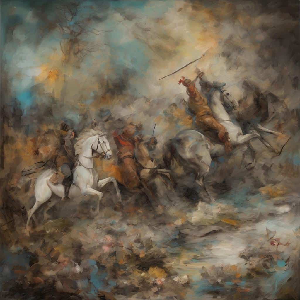 Ουρανό και πολεμιστές σε χρωματιστό και αφηρημένο τοπίο, έντονη δυναμική και ελαφριά απλότητα στη ζωγραφική.