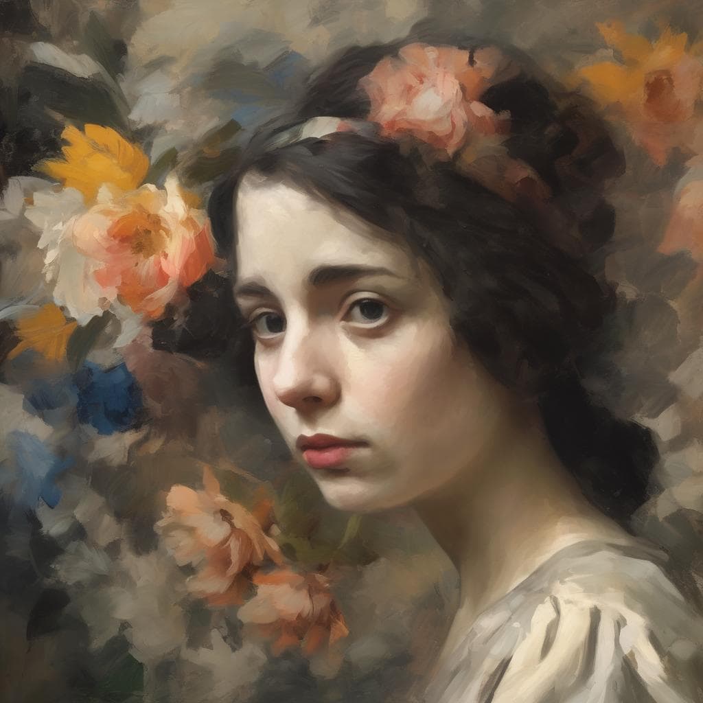 Αθάνατο πορτρέτο νεαρής γυναίκας με λουλούδια, τέχνη μινιμαλιστικής έκφρασης, σύγχρονη ζωγραφική σε στυλ ρεαλισμό.