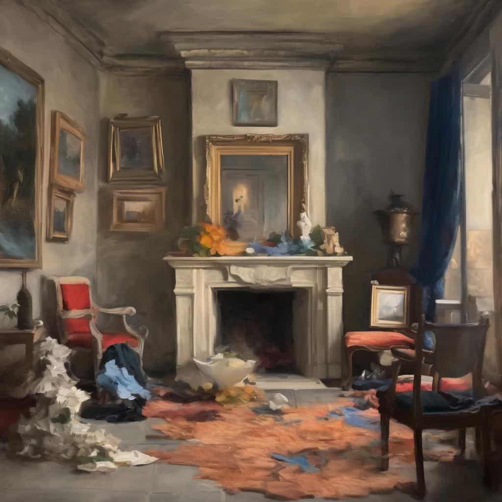 Λιτό εσωτερικό με παραδοσιακή διακόσμηση και πίνακες σε ελαιογραφίες, εκφράζοντας την τέχνη της μινιμαλιστικής έκφρασης.