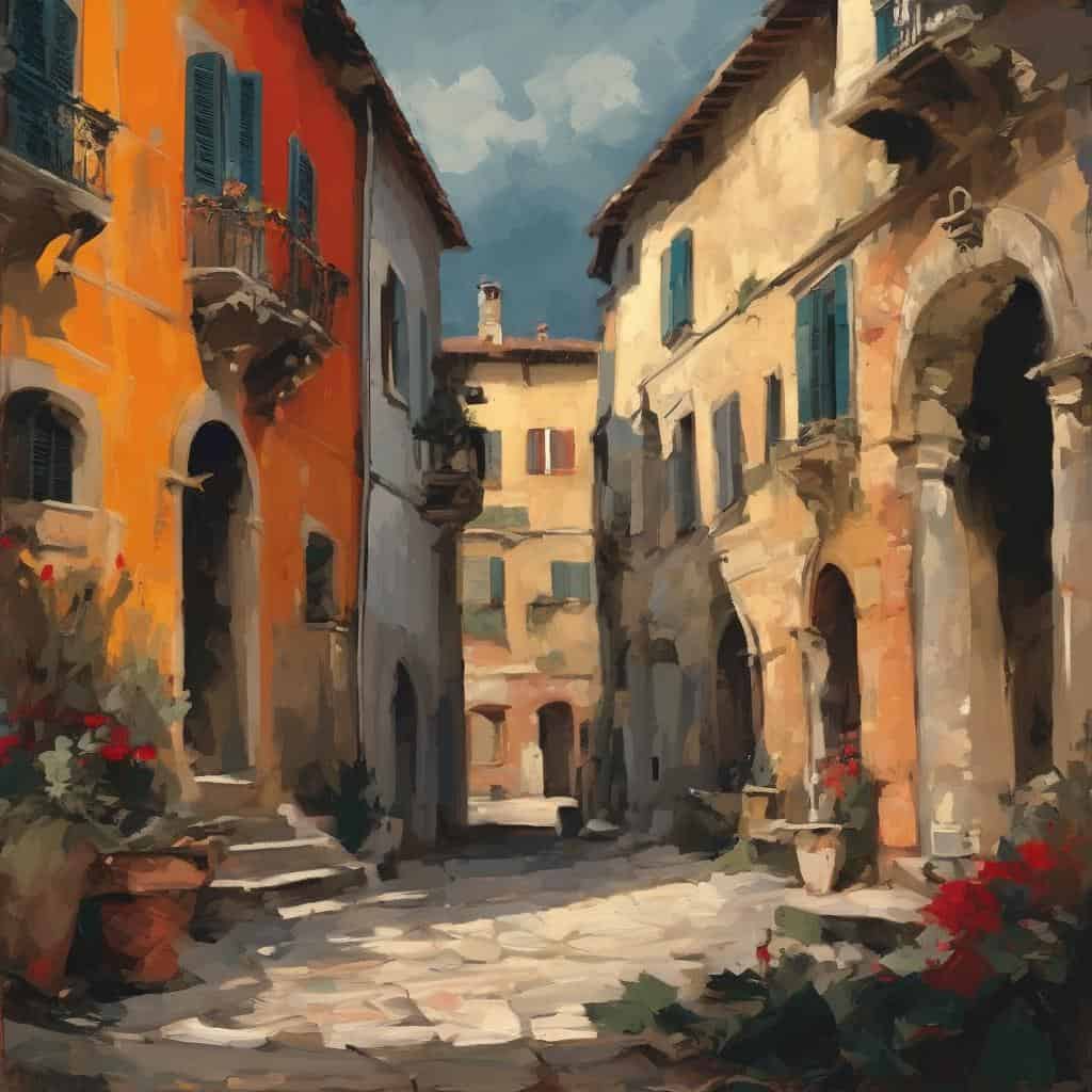 Βουκολική οδός σε πόλη με μινιμαλιστική τέχνη, παλαιά κτήρια, ζωγραφική αίσθηση, ιταλική αρχιτεκτονική.