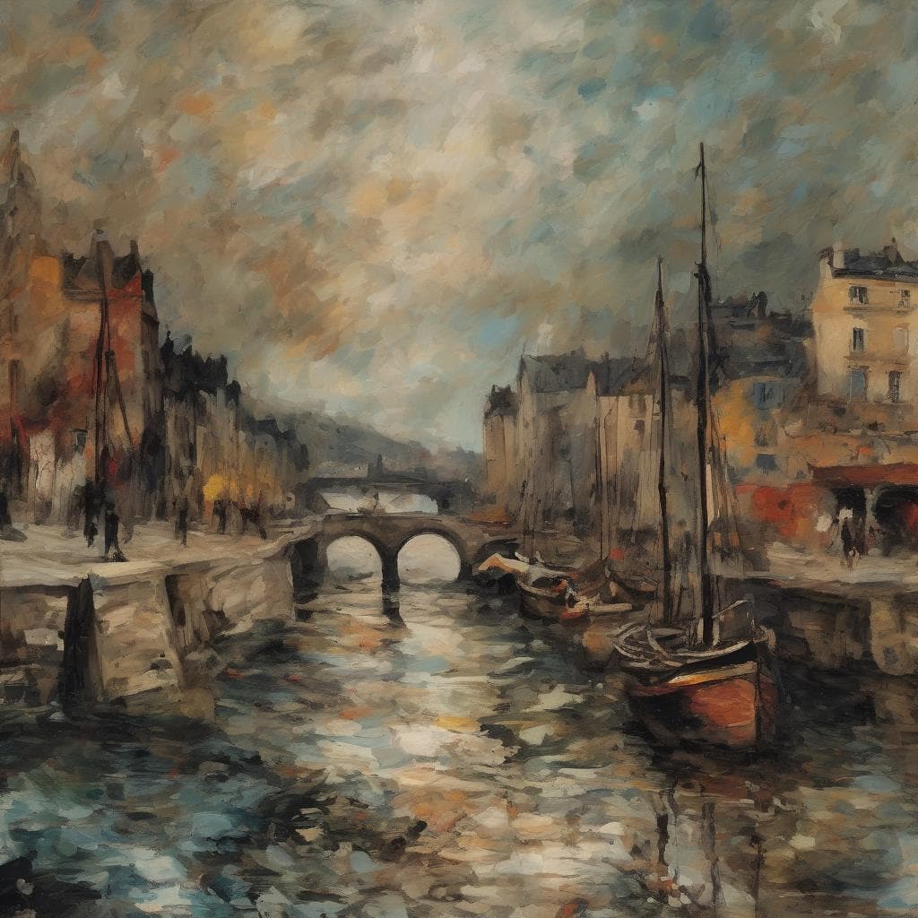 Ορχήστρα λιμανιού με σκάφη και αρτ ντεκό, η τέχνη της μινιμαλιστικής έκφρασης σε ελαιογραφία.